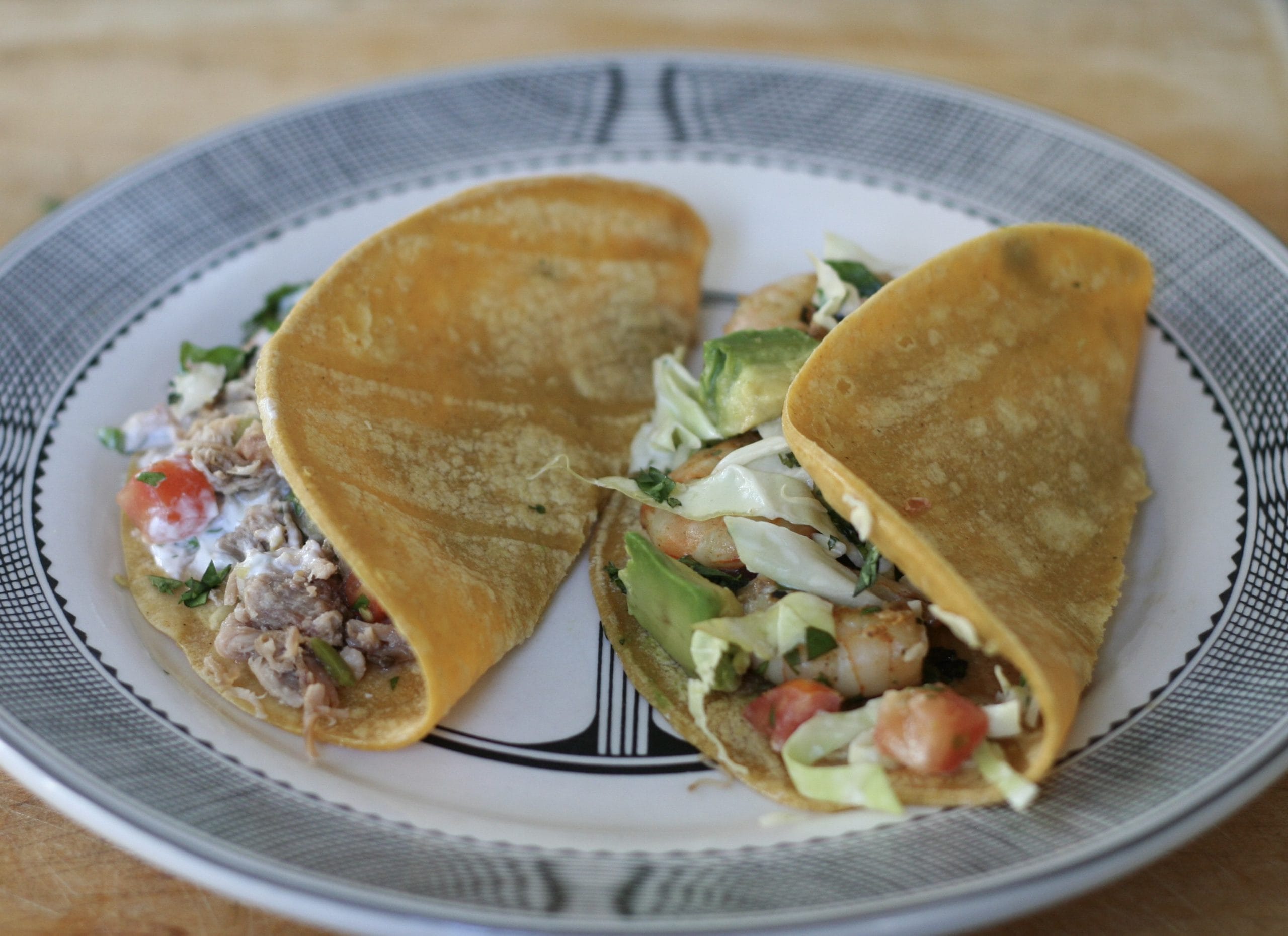2 corn tacos, 1 shrimp, 1 pork
